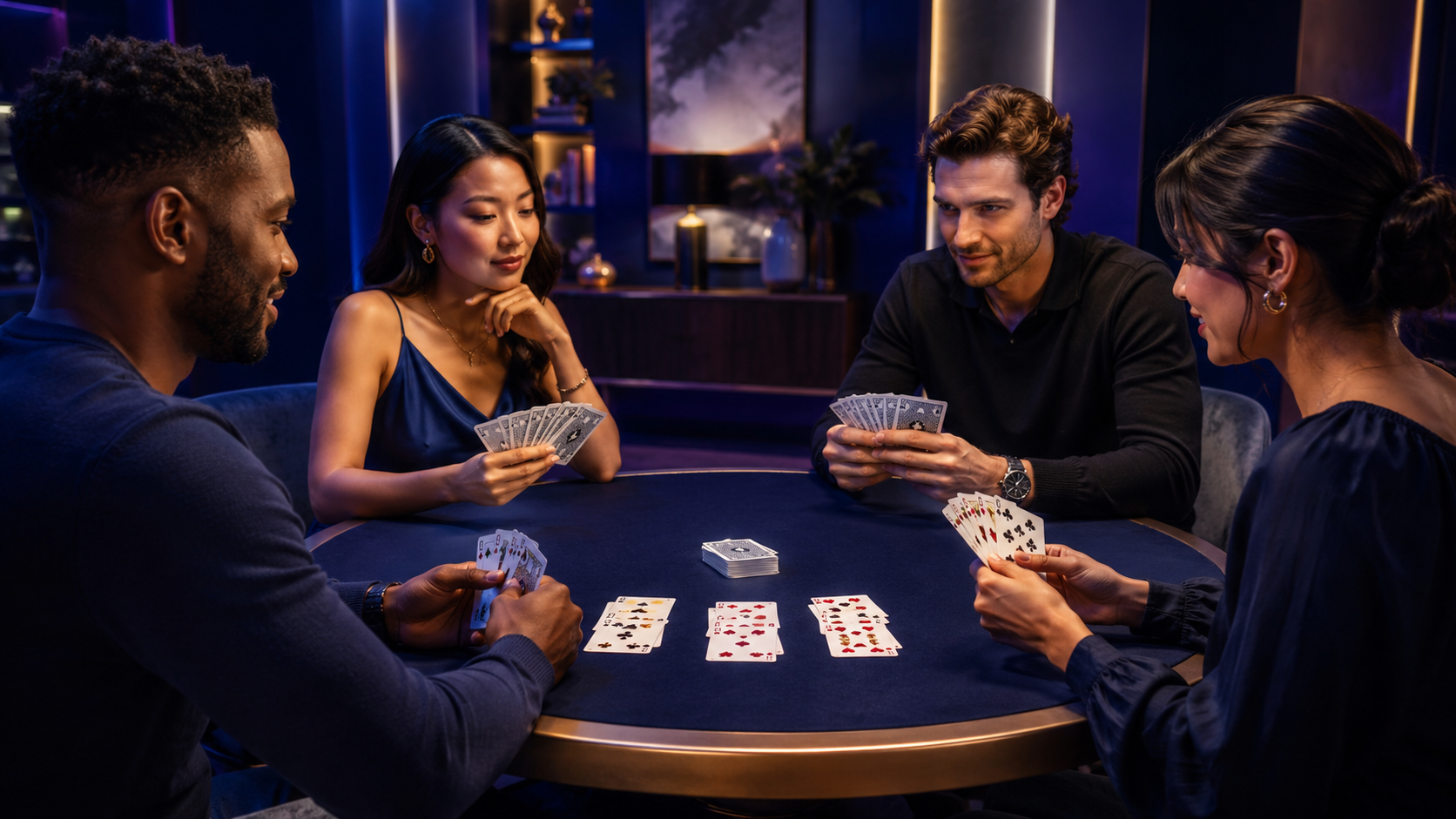 Four adults enjoying a game of cards around a table